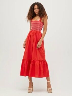 Hill House Red Smocked Midi Dress with Tiered Skirt